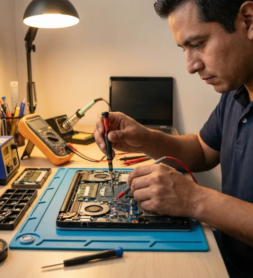 Técnico reparando laptop abierta sobre mesa de trabajo con herramientas y pantalla de diagnóstico, reparación rápida y precisa.